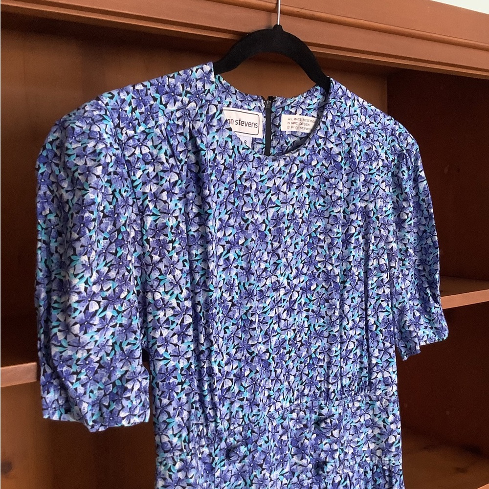 VTG 80s Karin Stevens Blue Floral Midi Dress Size 8 | Prairie Secretary Dress - Picture 6 of 14